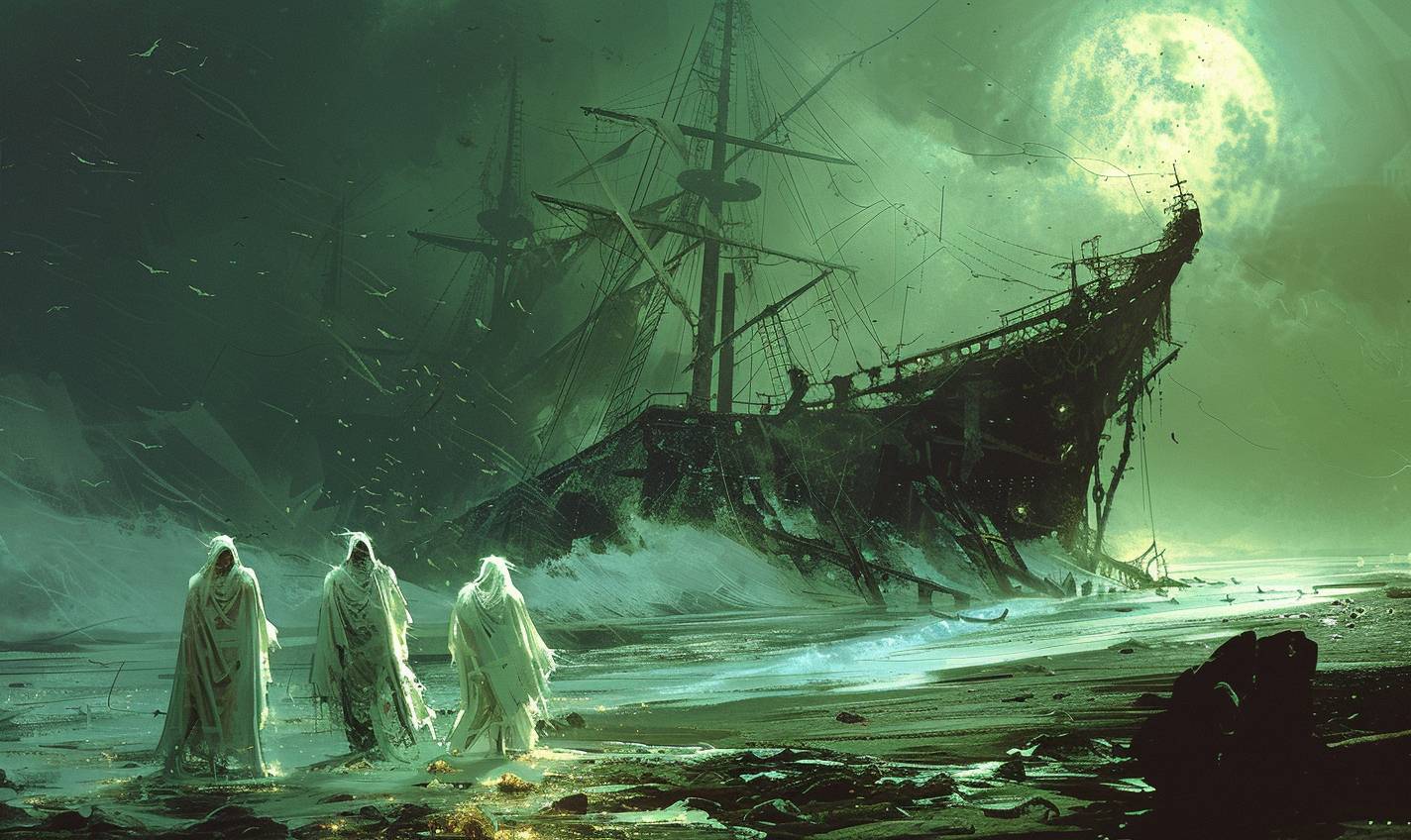 アルフォンソ・ムカのスタイルで、幽霊船が幽霊のような岸辺で難破した
