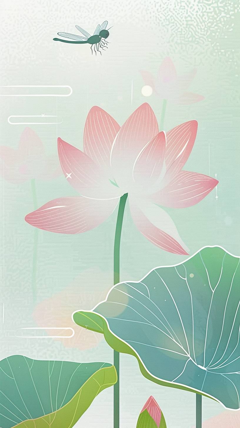Summer Solstice, minimalist style, simple lines, delicate brushstrokes, Lotus, Lotus Leaf, dragonfly, fresh green, fresh blue, soft colors, simple composition, rich details, gradient background, graphic design, creative poster, 16k