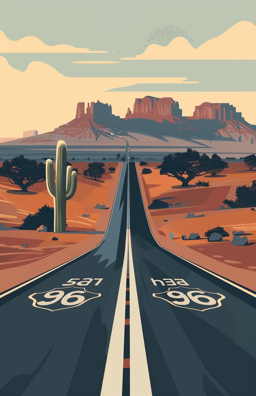 旅行ポスター、ルート66、砂漠の道、モダンなイラスト、シンプル、控えめな色