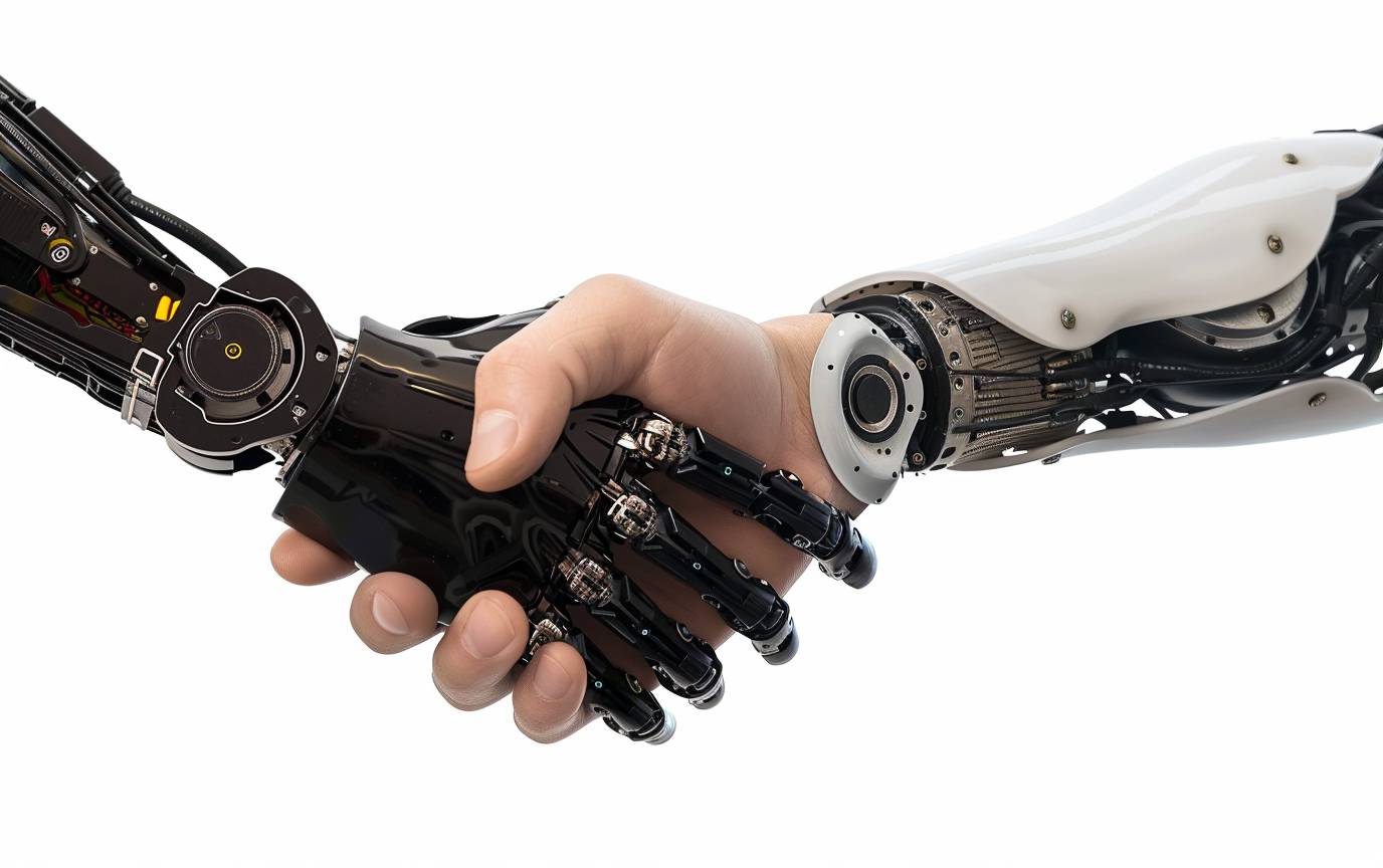 A human hand shaking hands with an artificial intelligence robot isolated on a white background, in a detailed, transparent, high-resolution PNG photo stock close-up shot with sharp focus and in the style of a super realistic image with no blurry background.