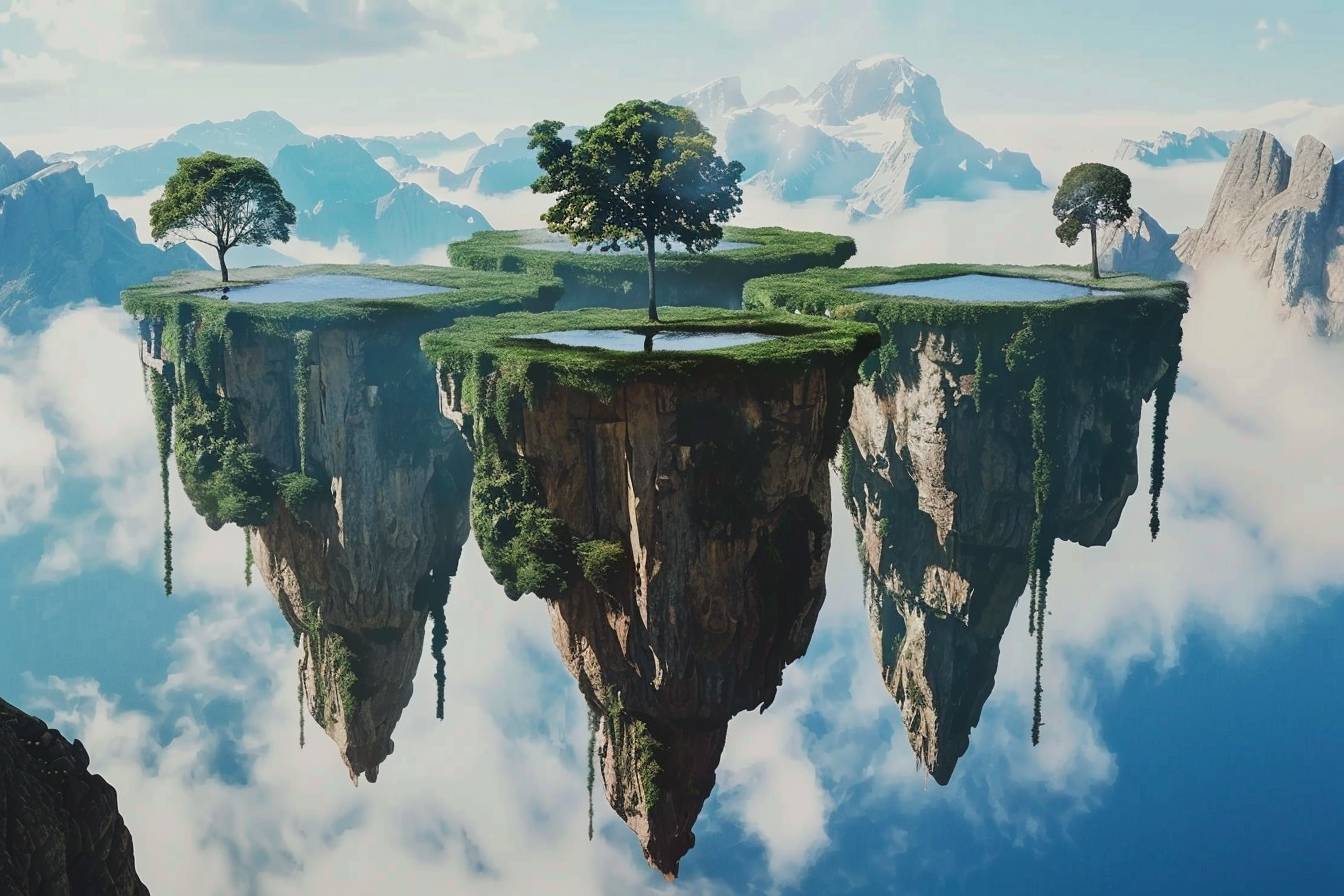 floating islands inside an anamorphic illusion