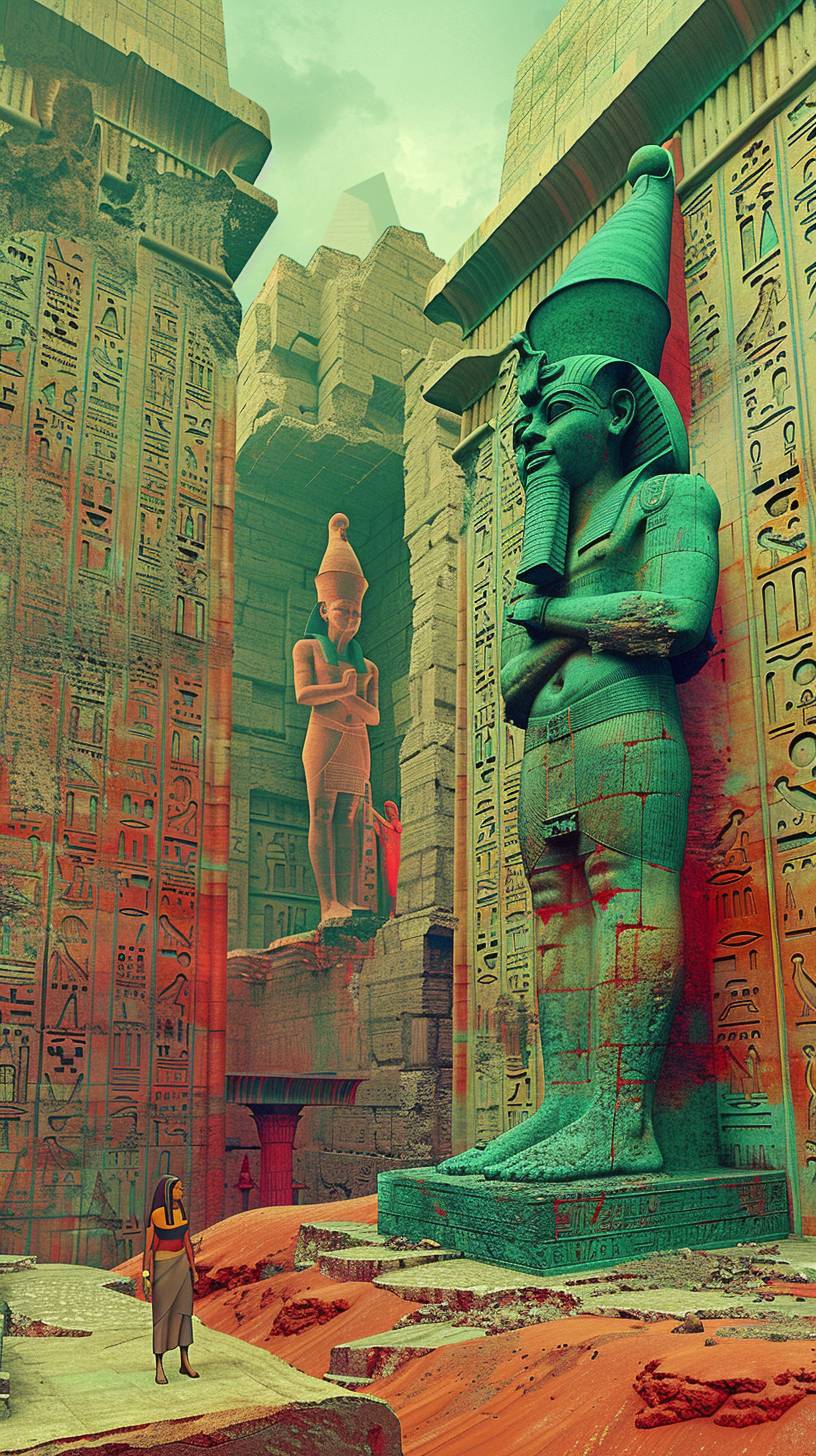 Ancient Egyptian pharaoh in a grand temple, intricate hieroglyphics on the walls, golden artifacts, and majestic architecture.