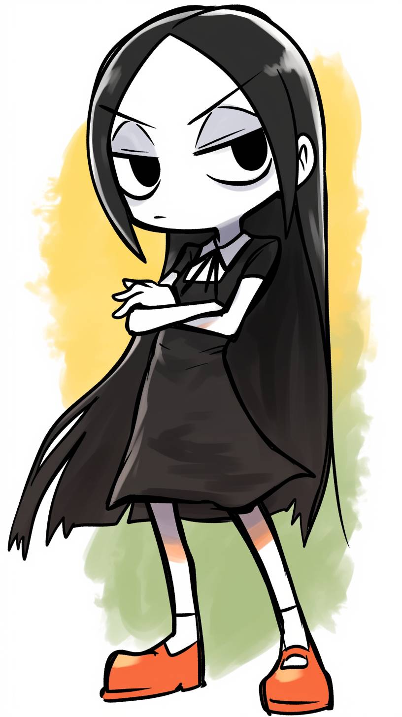 A simple drawing of Wednesday Addams, in the style of Allie Brosh with simple lines, flat colors and a stick figure, minimalistic, simple background