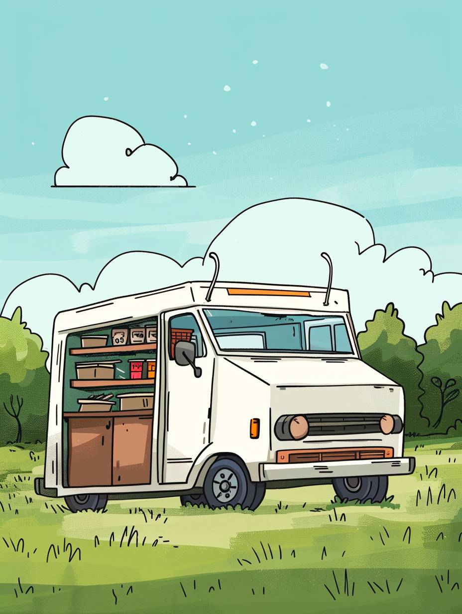 A simple cartoon drawing of an open food truck on grass, with the door open and shelves filled inside, set against a blue sky and white clouds. The background is a green meadow, with some trees in soft focus to add depth. There is no text or characters visible, focusing solely on the scene. It has bold outlines for clear definition, with a flat color scheme to emphasize simplicity. This design would be suitable as clipart, featuring clean lines and flat colors in the style of a simple cartoon.
