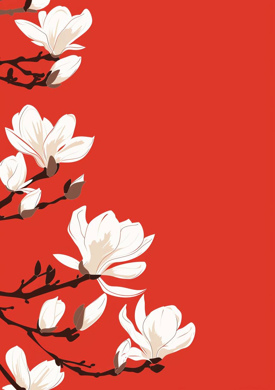 White magnolia flowers on a red background, in the style of vector illustration, flat design, simple lines and shapes, no shadows, no gradient shading, vector graphics, Chinese New Year theme, elements inspired by Chinese traditional culture, minimalist art style, white space at the top of the frame.