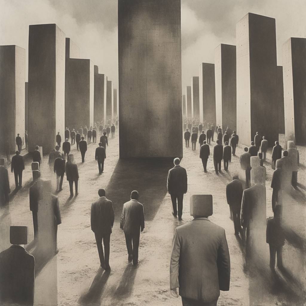 Best picture quality, monochrome, exquisite, oil painting quality, prisoner's dilemma, cement forest, high-rise buildings, alienation, unconscious suppression, men in suits, a large number of men in suits, neatly lined up, walking, Mobius ring, social dilemma, surrealism, distorted cube, two-dimensional real number projection plane, torus