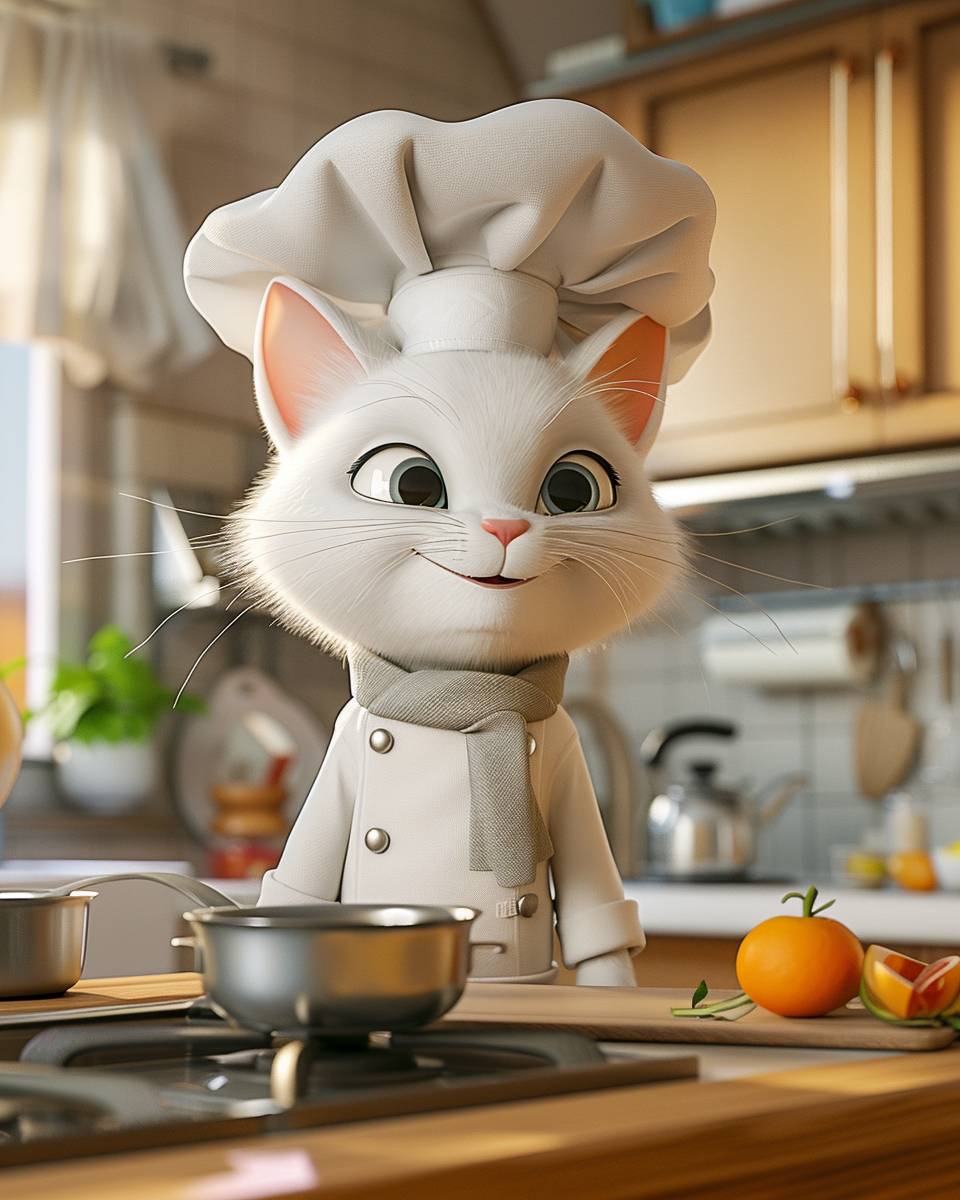 3D cartoon animation of an Innovative Chef Cat in a High-End Kitchen with Smart Appliances. Inspired by Disney and Pixar Animation.