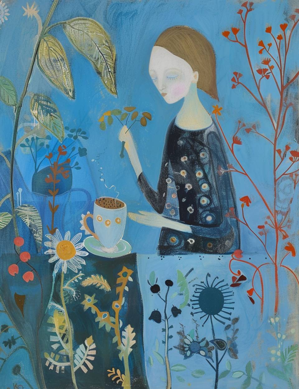 Blue abstract painting, vampire tea party, by Dee Nickerson, pastel color, 10:13 AM, stylize 50, version 6.0.