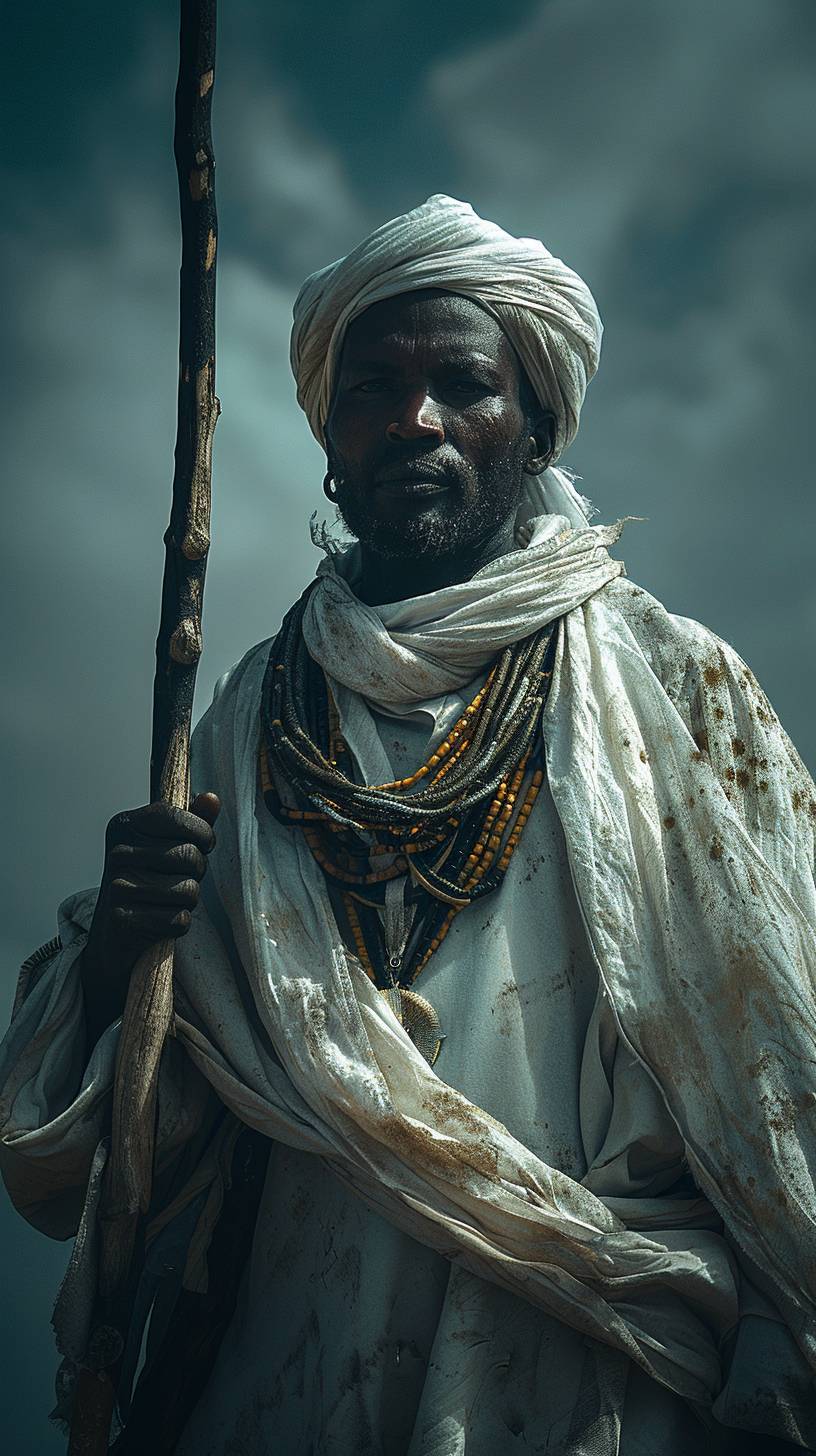 映画シーンであり、ハイパーリアリズム。スーダン人がスーダンの伝統衣装を着用しており、白いジャラビアと白いターバンを身に着け、首にはビーズが付いています。左手に杖を持ち、右手を上げています。