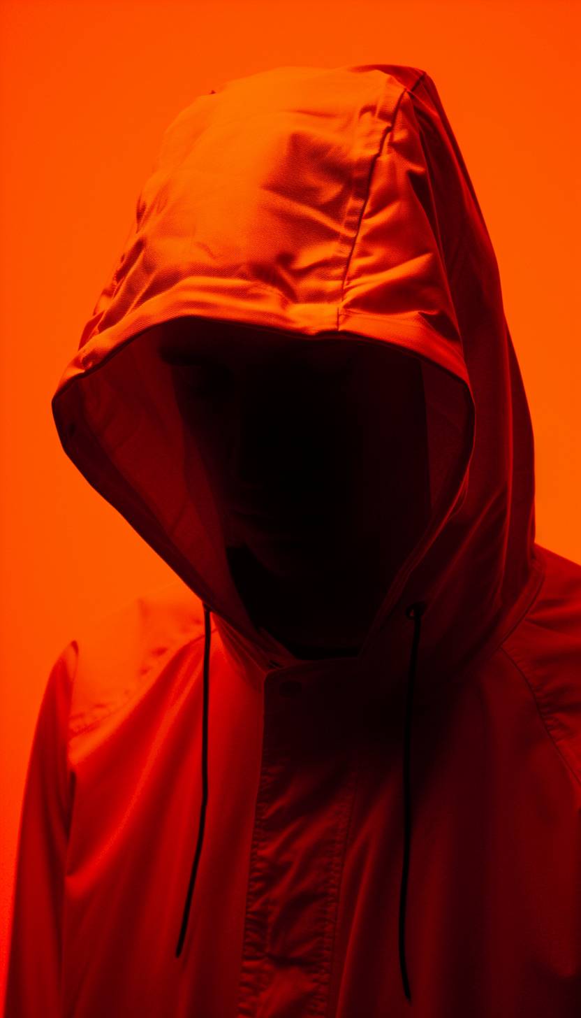 Cybernetic Hooded Assassin in the style of Kodak Aerochrome, light maroon and light amber, captured emotions depicted, dreamlike introspection, light orange and fiery neon orange, abrasive authenticity, ambient occlusion, strong visual flow