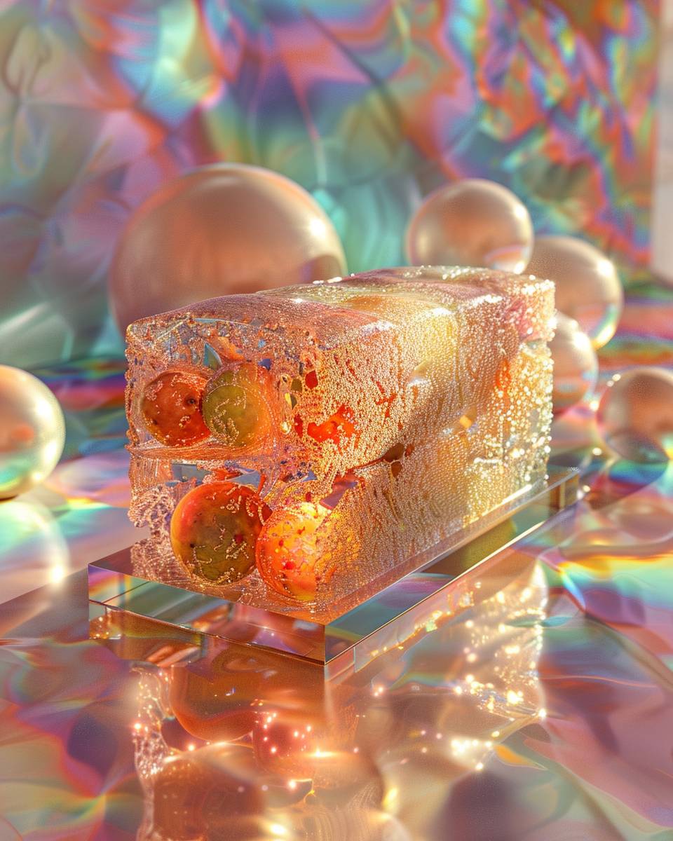 An ombre-colored exquisite surreal 3D rendering, featuring a rectangle-shaped traditional fruitcake placed inside spheres, illuminated by gradient light from within. It combines elements from art nouveau artists such as Alphonse Mucha, Roger Hargreaves, and Paul Klee, creating a sense of three-dimensionality and a fantastical effect. Studio lighting, color correction, and post-processing are used to produce a unique artwork.