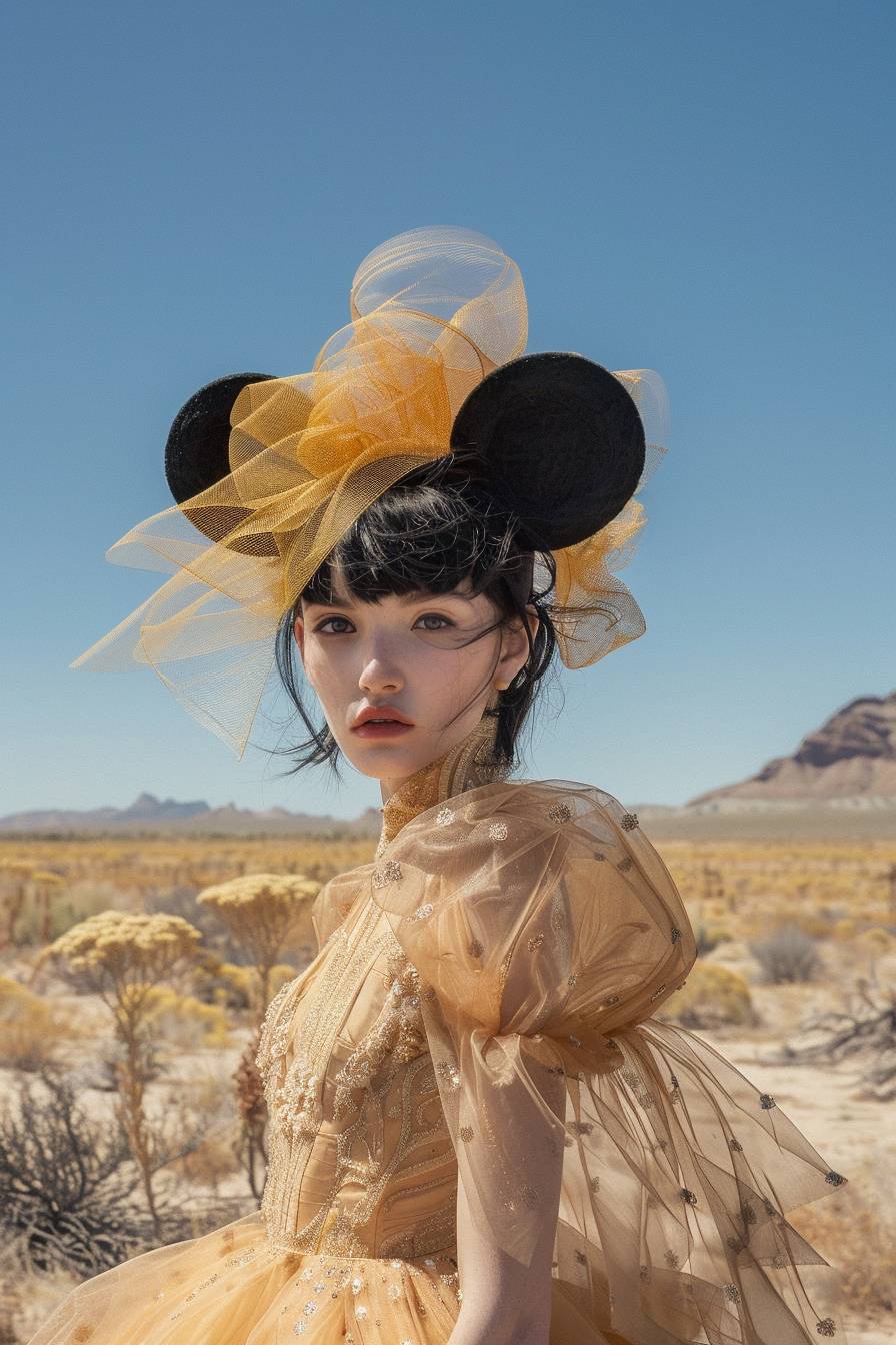 Editorial fashion, low front-on angle, whimsical outfit, mouse-ear headpiece, avant-garde, desert landscape, bright daylight, surreal clarity