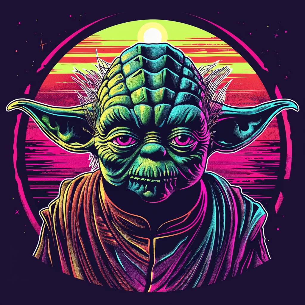 T-shirt vector, screen printed, Yoda graphic, synthwave, vivid colors, detailed
