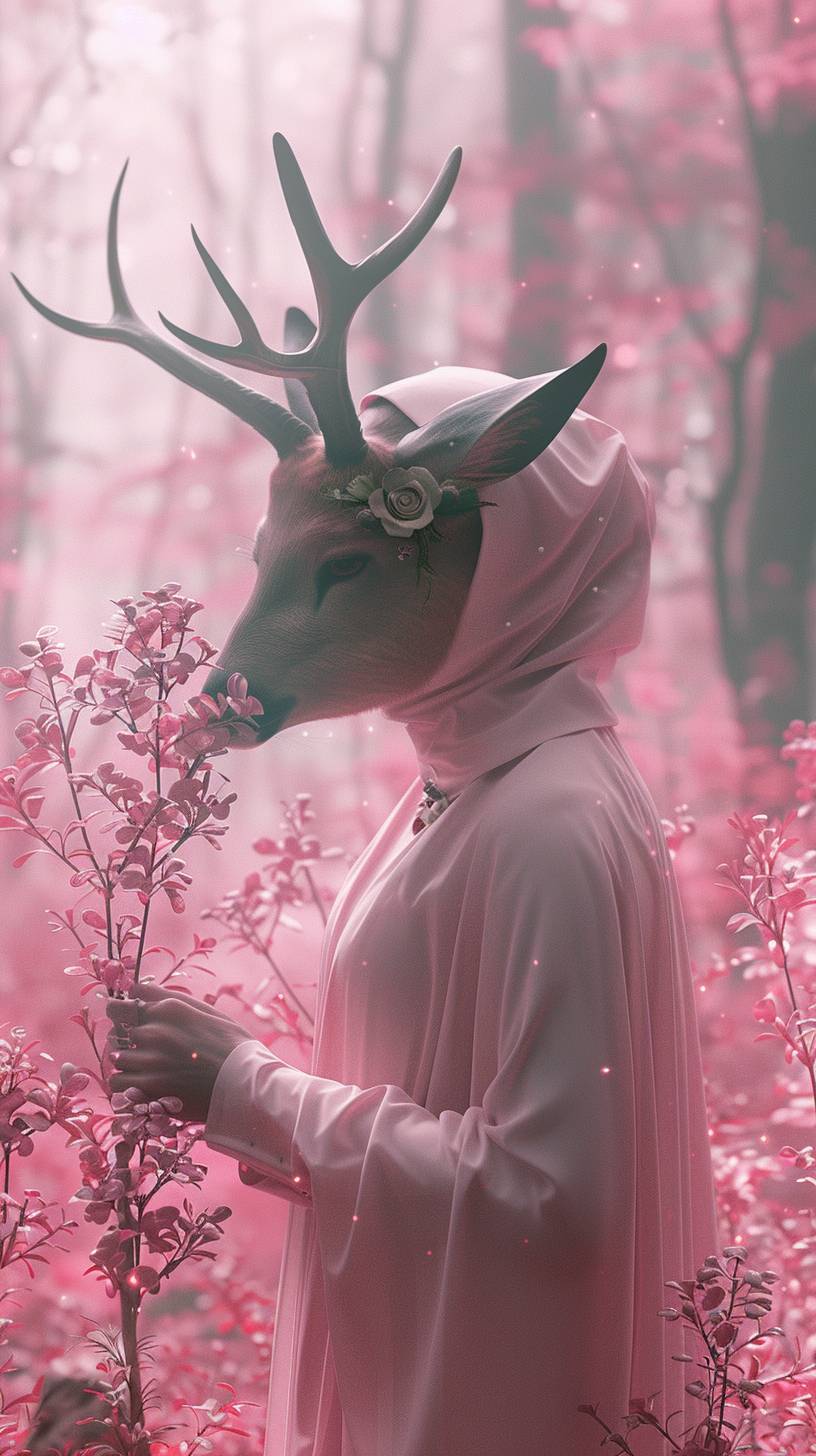 In a conceptual artwork set in a pink forest, a woman with a deer head holds flowers in a plant and looks towards the camera. It is strange and complex, yet infused with a terrifying romance and soft colors. The composition is centered, shot in long distance with edge light, 8K resolution, photorealistic, in the morning mist, surrealism --chaos 1 --ar 9:16 --style raw --stylize 750 --v 6.0