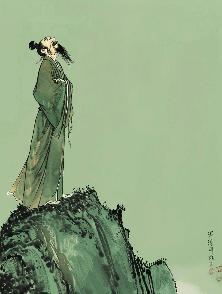 中国の芸術家である黄永玉の描写はコミカルな誇張が満ちています。古代の中国の詩人、李白が山の頂上に立ち、感情豊かで誇張された表情が、ユーモアと奇妙さを強調しています。背景はシンプルなライトグリーンです。コミックの要素と遊び心のある誇張が、主題の外見のユーモアを強調するために使用されています。