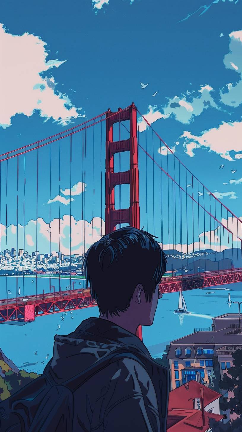 A picture of the San Francisco Golden Gate Bridge in the style of 1980s Macross or Robotech anime series. Under a blue sky, a young man is standing in Marin, looking at the Golden Gate Bridge towards the city. It's windy and he looks ambitious. He has very black hair. --ar 9:16 --v 6.0