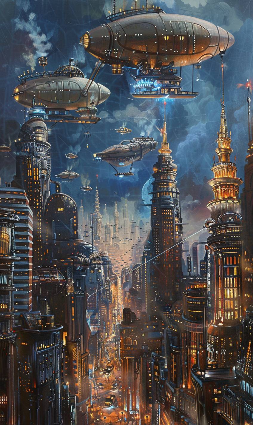 In the style of Hajime Sorayama, a steampunk cityscape with flying airships --ar 3:5 --v 6.0