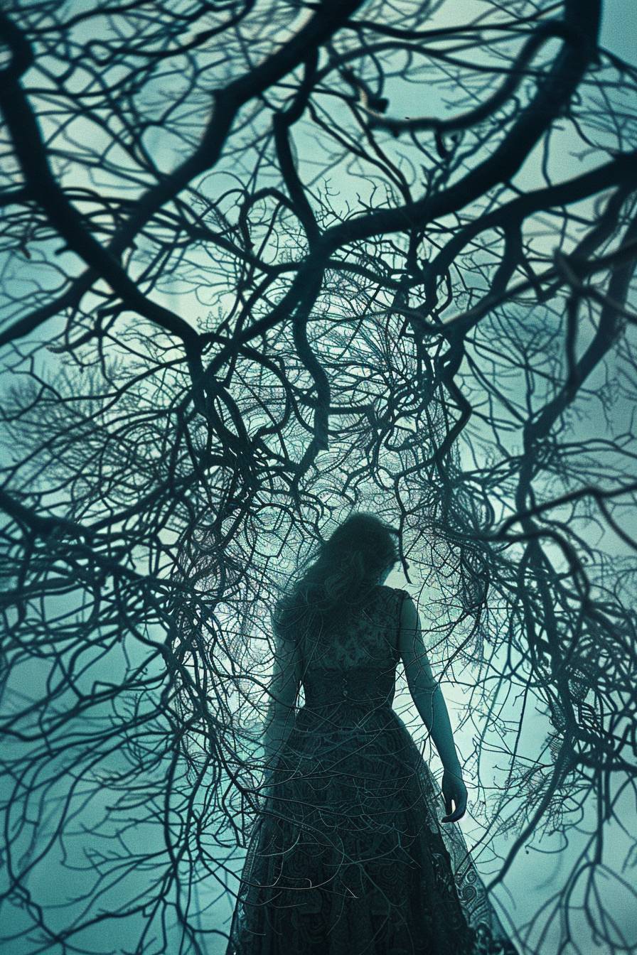 若き美しい女性が広大な枝網の中心に立ち、彼女の存在が生命の緻密なつながりを織りなしています。彼女の周りの樹木のパターンは、すべての生き物の相互関係を象徴しています。