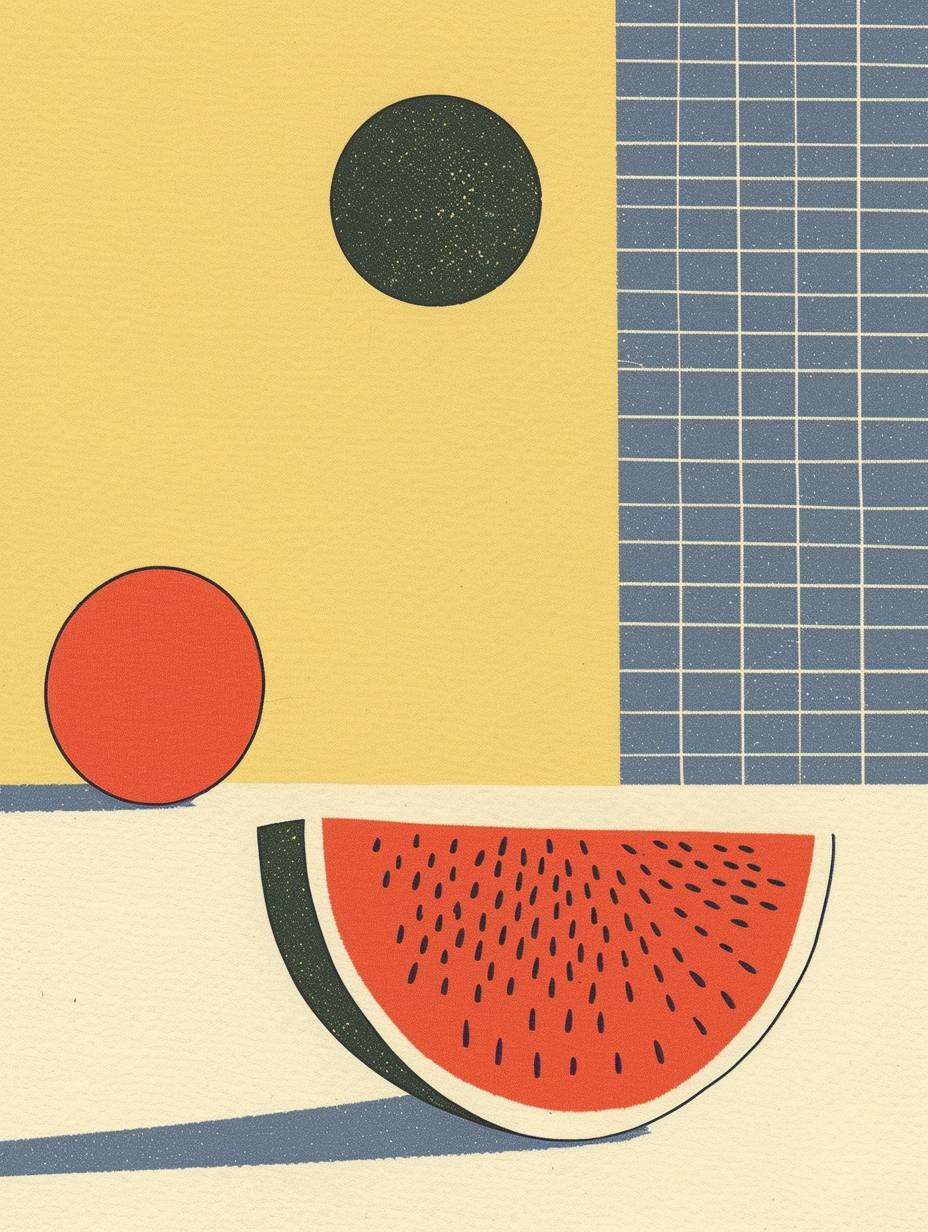 A slice of watermelon painted in the style of Maira Kalman, cute and simple with a yellow background and light green color scheme using lovely pastel colors in a minimalist style creating a retro atmosphere.