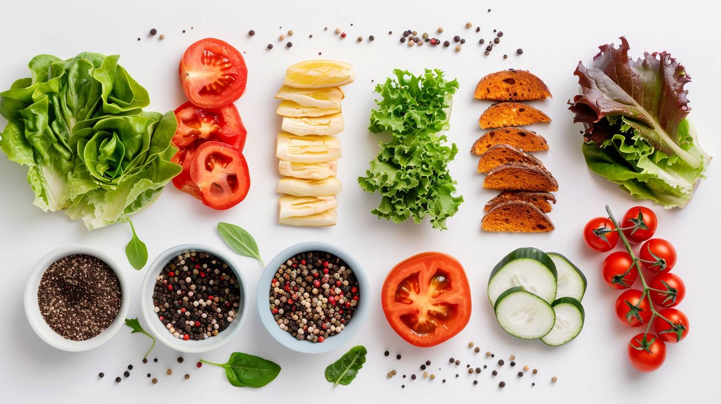 Vegan BLT deconstructed, all parts laid out on a white background