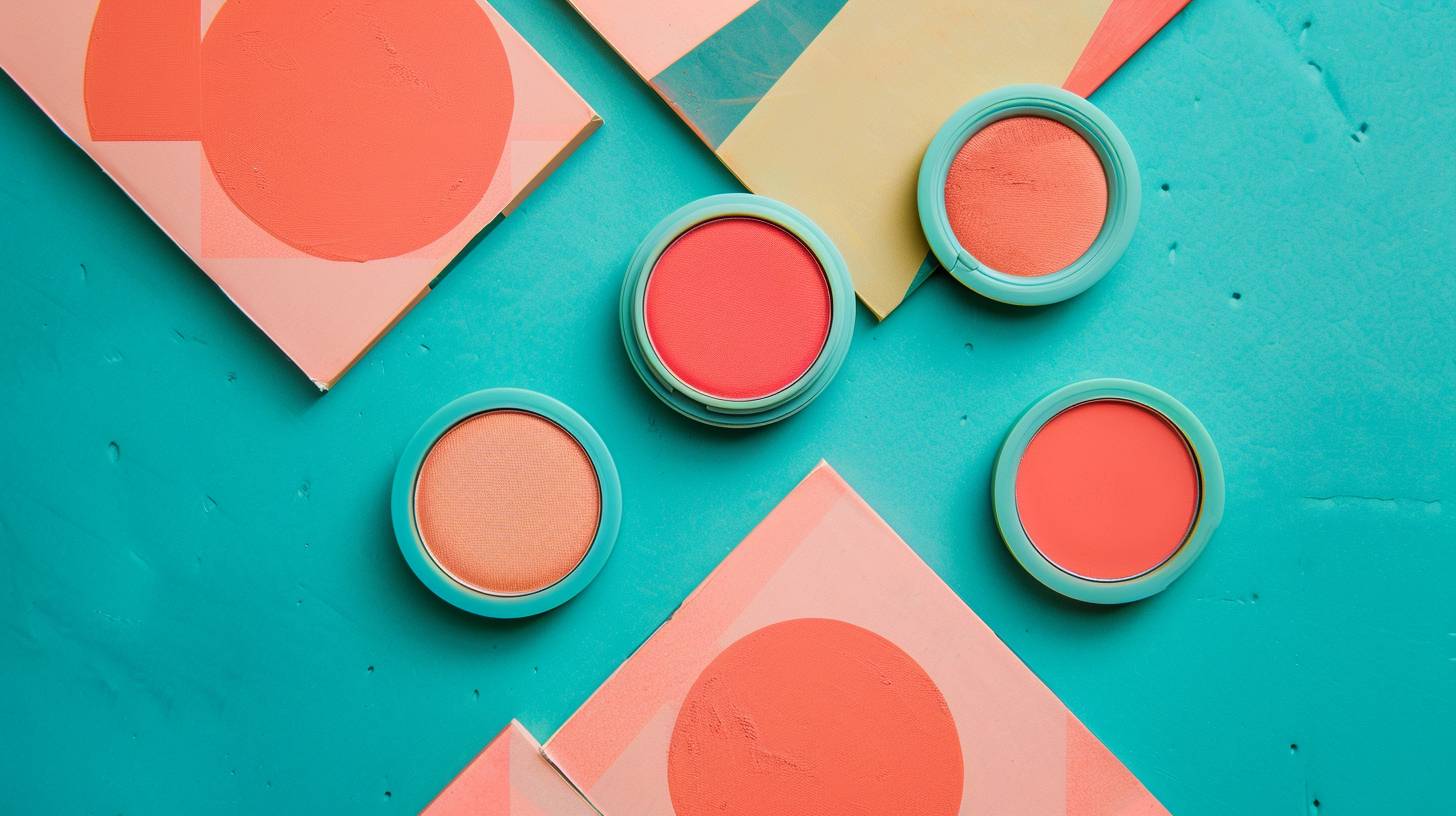 Natural blush, in a recycled bamboo packaging, soft coral and turquoise, playful but elegant, pop geometric pattern, packaging spotlight, pop style, eco-friendly vibe, pastel colors, commercial photography style, professional DSLR camera