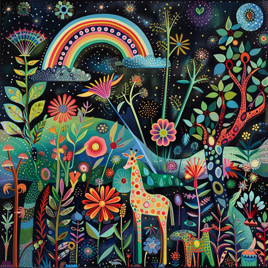 An enchanted garden with flowers, trees, and animals composed of bright, geometric patterns. The plants and creatures have a 3D appearance, giving depth to the garden, a patterned sky with a rainbow.