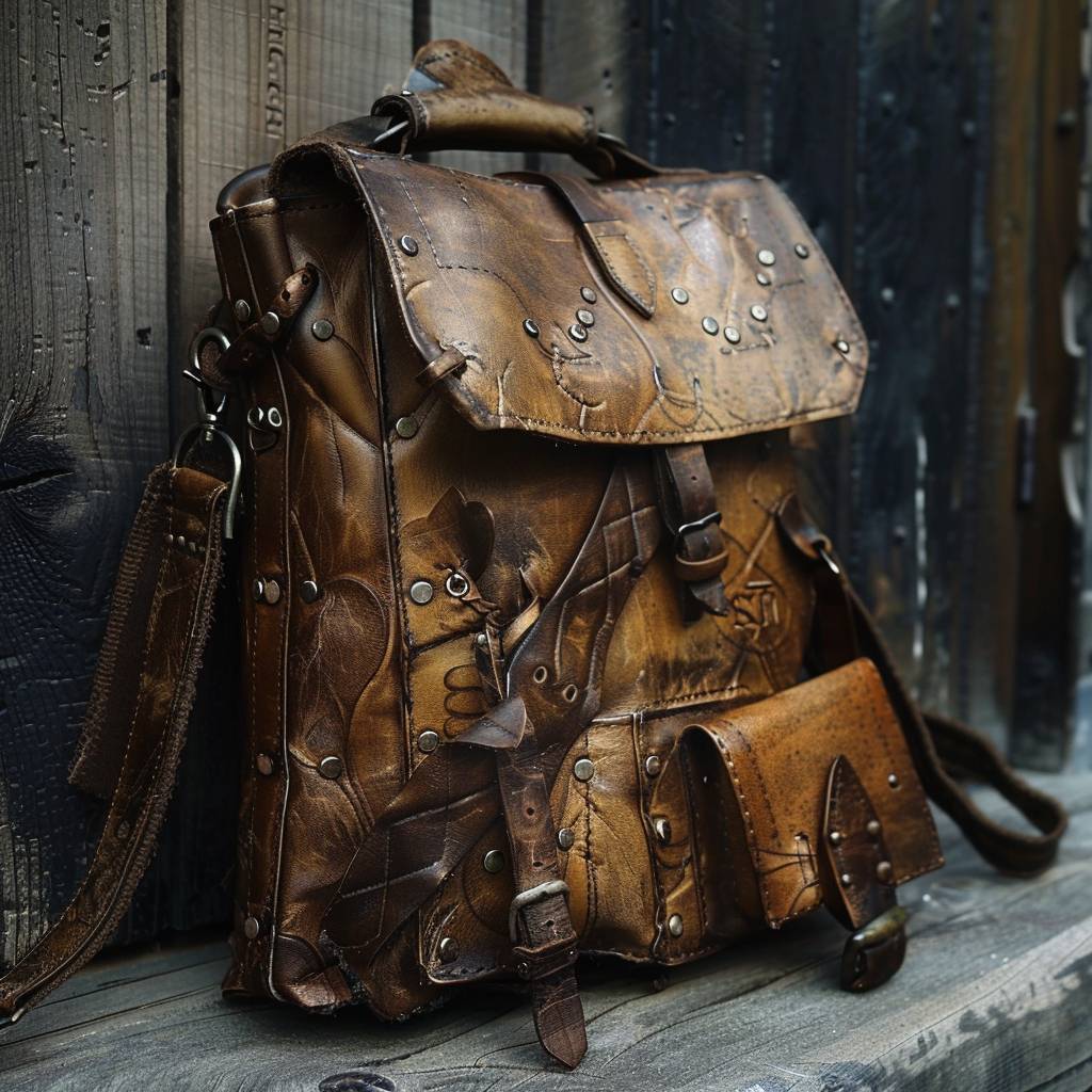 A brown leather bag, medieval style, expensive but worn, with magical powers
