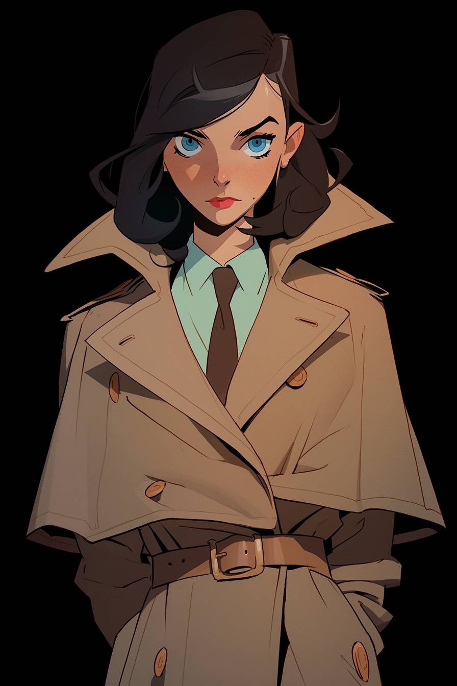 A confident woman detective with a sleek bobbed hairstyle and observant brown eyes, wearing a gray detective coat, is examining clues in a dimly lit crime scene. Portrayed in a half-body shot, her face drawn by the masterful artist Wes Anderson, with detailed features, set against a gritty background --ar 2:3 --niji 5 --style expressive