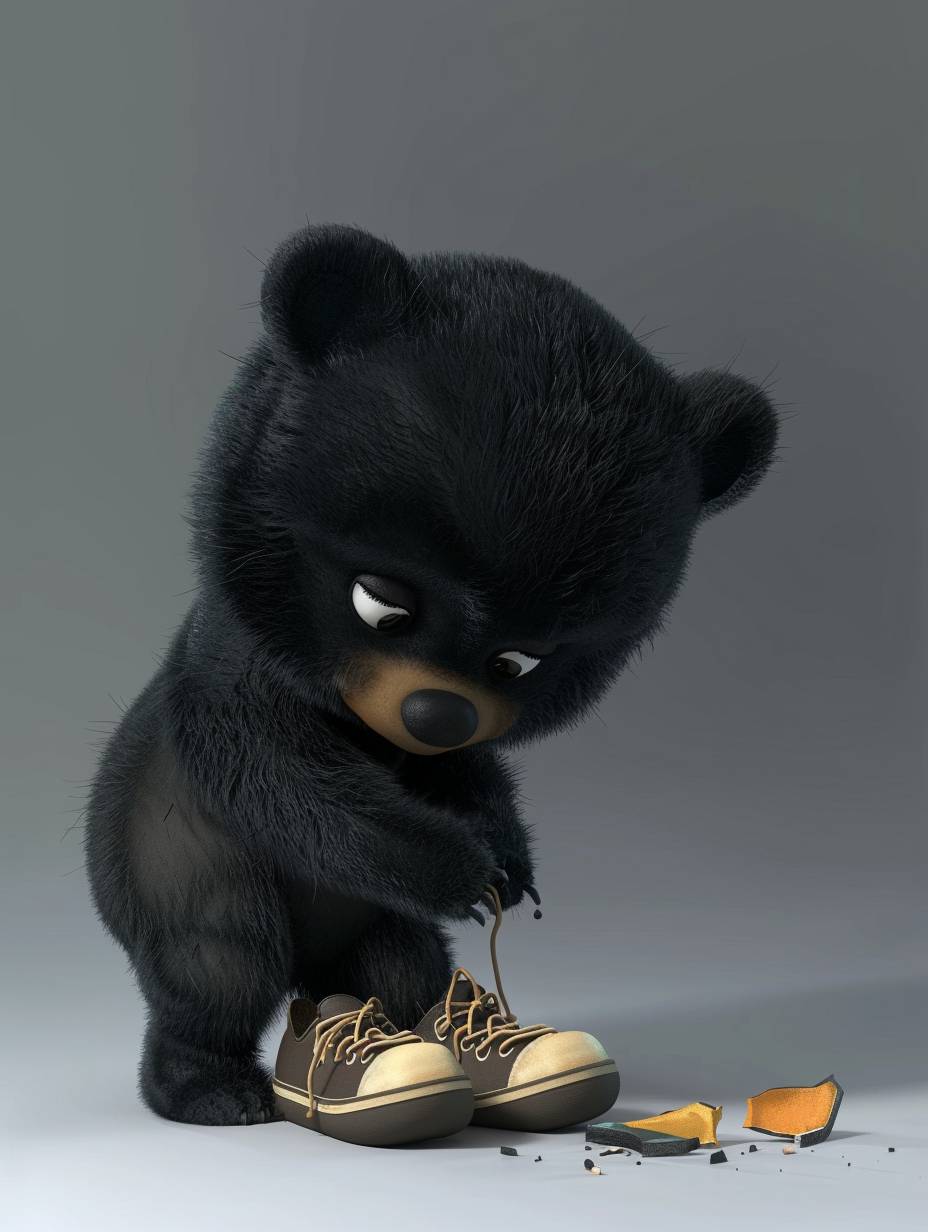 Little black bear bending down to look at his broken shoes, 3D cartoon dream -ar 3:4 -v 6.0