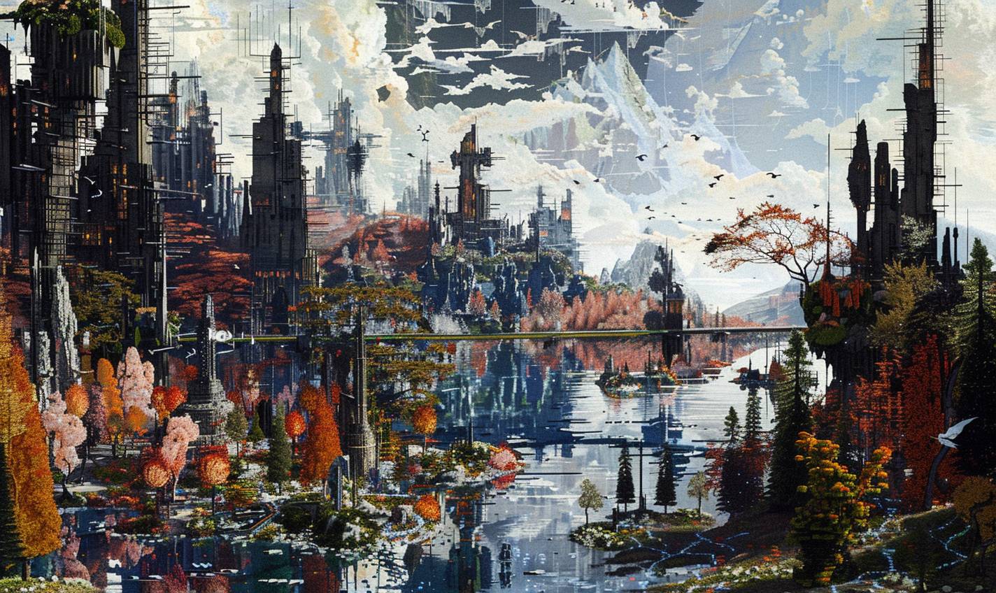 In style of Grandma Moses, Cybernetic cityscape teeming with artificial life