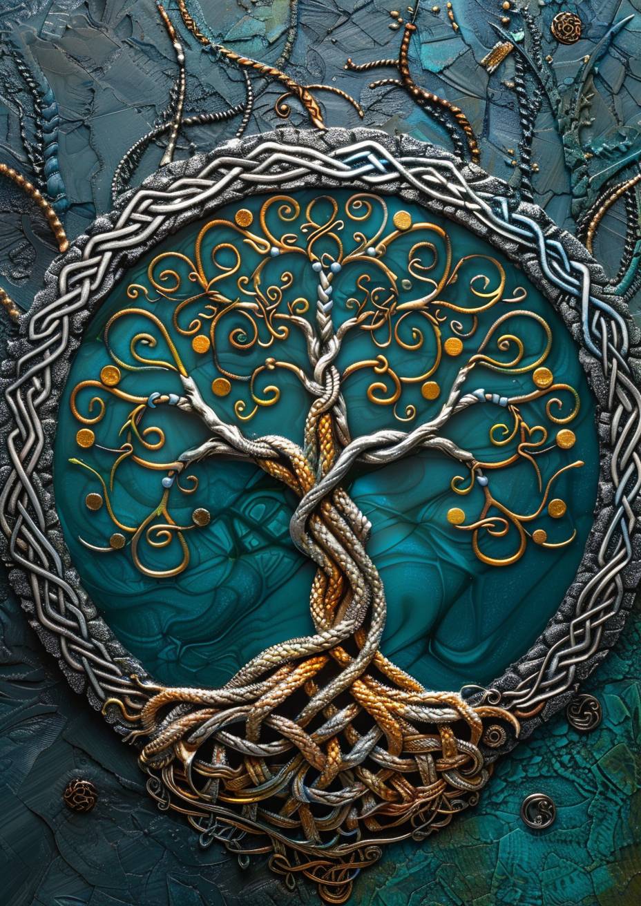 Elaborate Viking knotwork, silver, copper, teal, intricate detail, Fibonacci spiral tree of life, tenebrism, glowing radiant colours