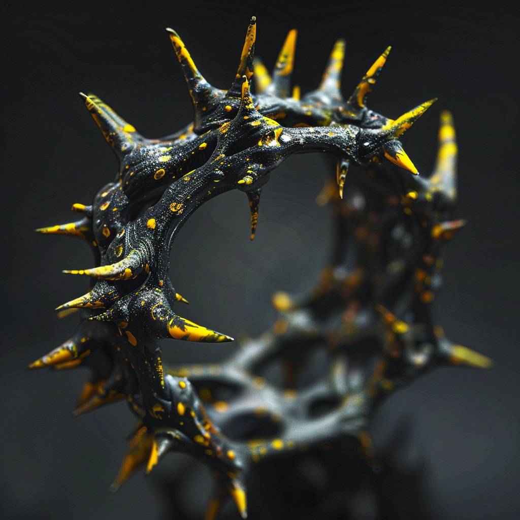 A ring made of thorns, extremely detailed and realistic, sharp-edged, cursed, tilt-shift, black and yellow.
