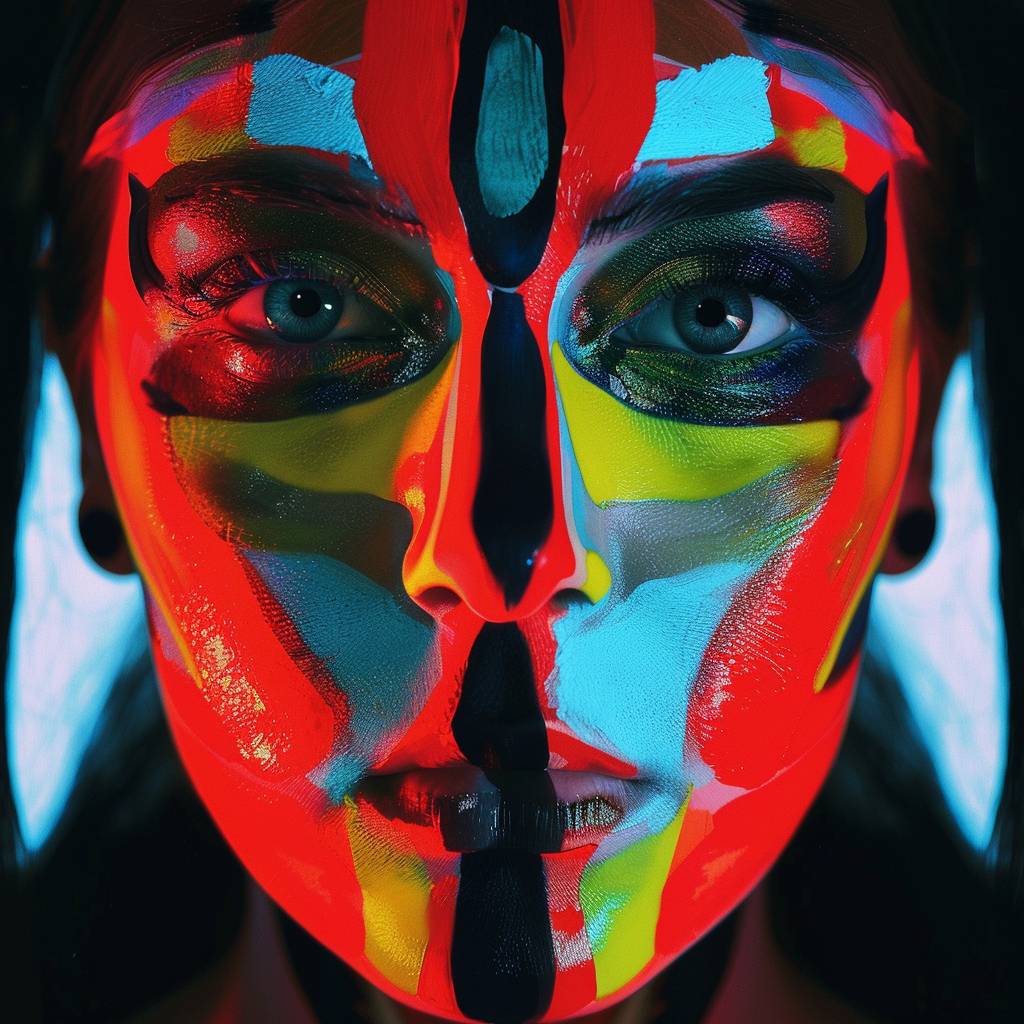 bold and beautiful Close-up, portrait photo, face paint, porcelain doll, vertical glitch art, sacred geometry, vivid colors, symmetrical, minimalism