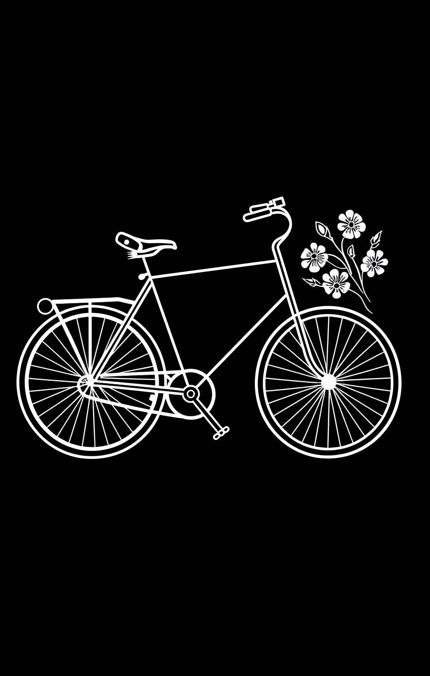 Create a minimalist line art illustration design featuring a white outline of a bicycle with flowers line icon vector on a solid black background. The bicycle should have clean, continuous lines, highlighting its simple yet classic form. Isolated contour symbol white illustration