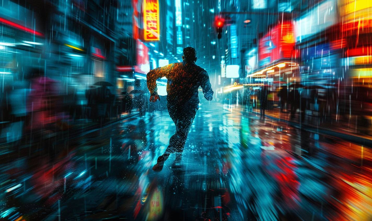 夜、雨にぬれた街を駆け抜ける男性。湿った舗道に反射するネオンライトが、彼の決意の表情を照らし出している。