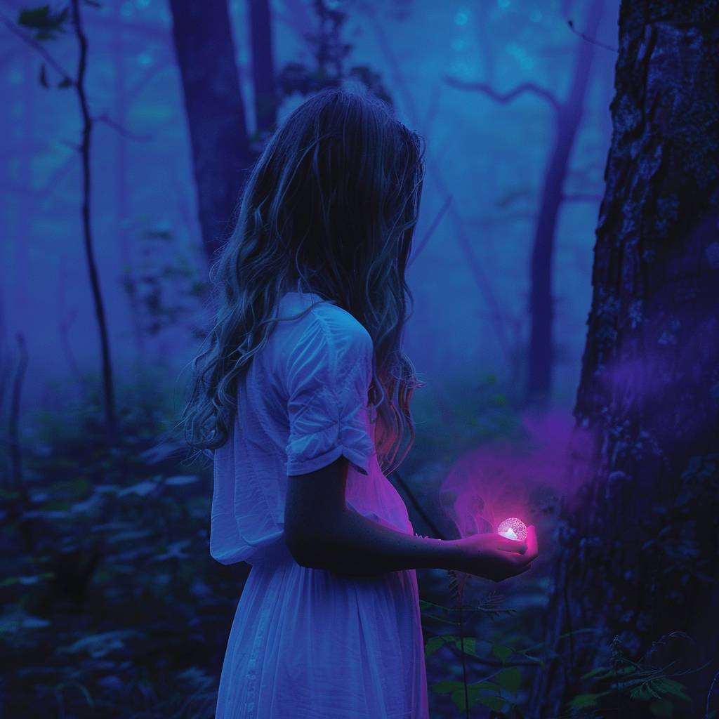 夜、金髪ロングヘアの若い女の子が白いドレスを着て森の中に立っており、手にはピンク色の発光する石を持っている。霧が立ち込め、暗い青色の調色が特徴で、紫色の光が輝いている。