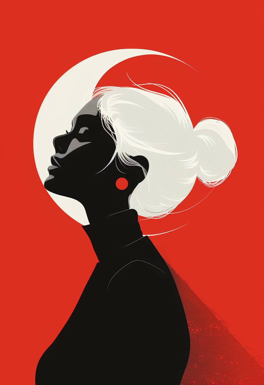 白い髪の女性を描いたミニマリストのレトロイラスト、白黒のカラーパレット、赤い背景に対するダークなコントラスト、シンプルな形状の超現実主義的なスタイル。
