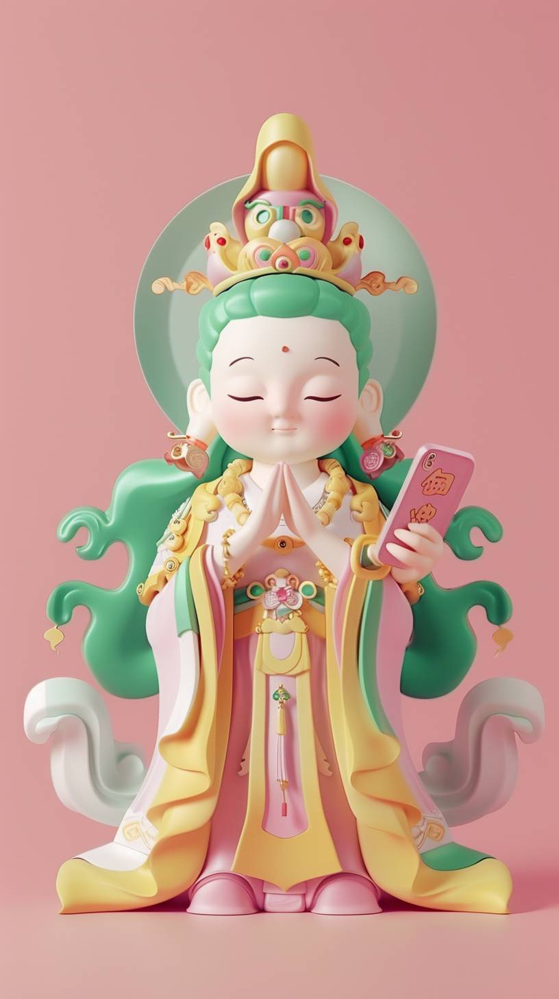 3D cartoon in the Chinese style, a colorful plastic film depicts Avalokitesvara Bodhisattva holding a phone with a calming expression on a pink background. Avalokitesvara has green hair with yellow accents, wearing a white top and light purple jacket against a bright solid color background in the style of Pixar animation, rendered in c4d.