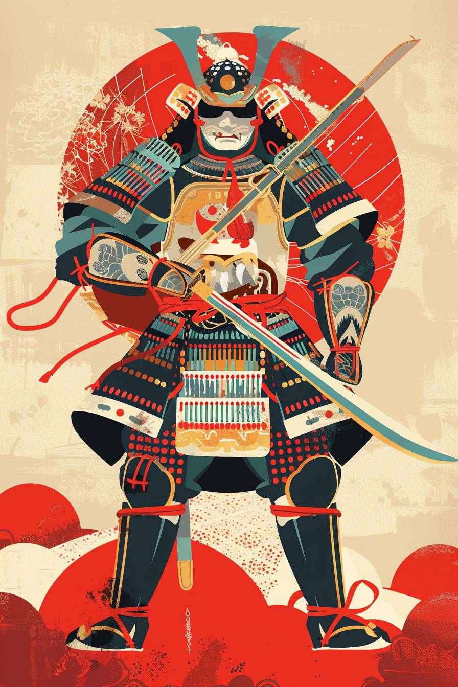 In the style of Kunisada, warrior character, full body, flat color illustration