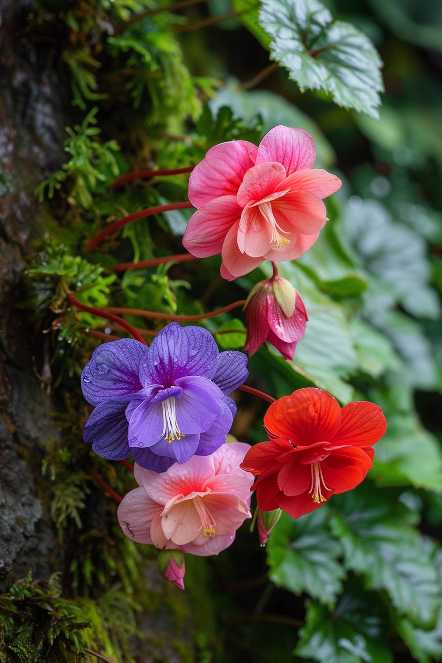 On a sunny day, three large Begonia flowers of different colors hang from the steep concave moss wall, one purple, one pink, and one red, with multiple petals. The green leaves are clear and delicate, with a bright color and a faintly visible background of green mountains. Bright petals are beautiful and romantic, with soft colors. Canon R5, 50mm f22, realistic photos, ultra-high definition, 8k, HD - ar 2:3 - v 6.0