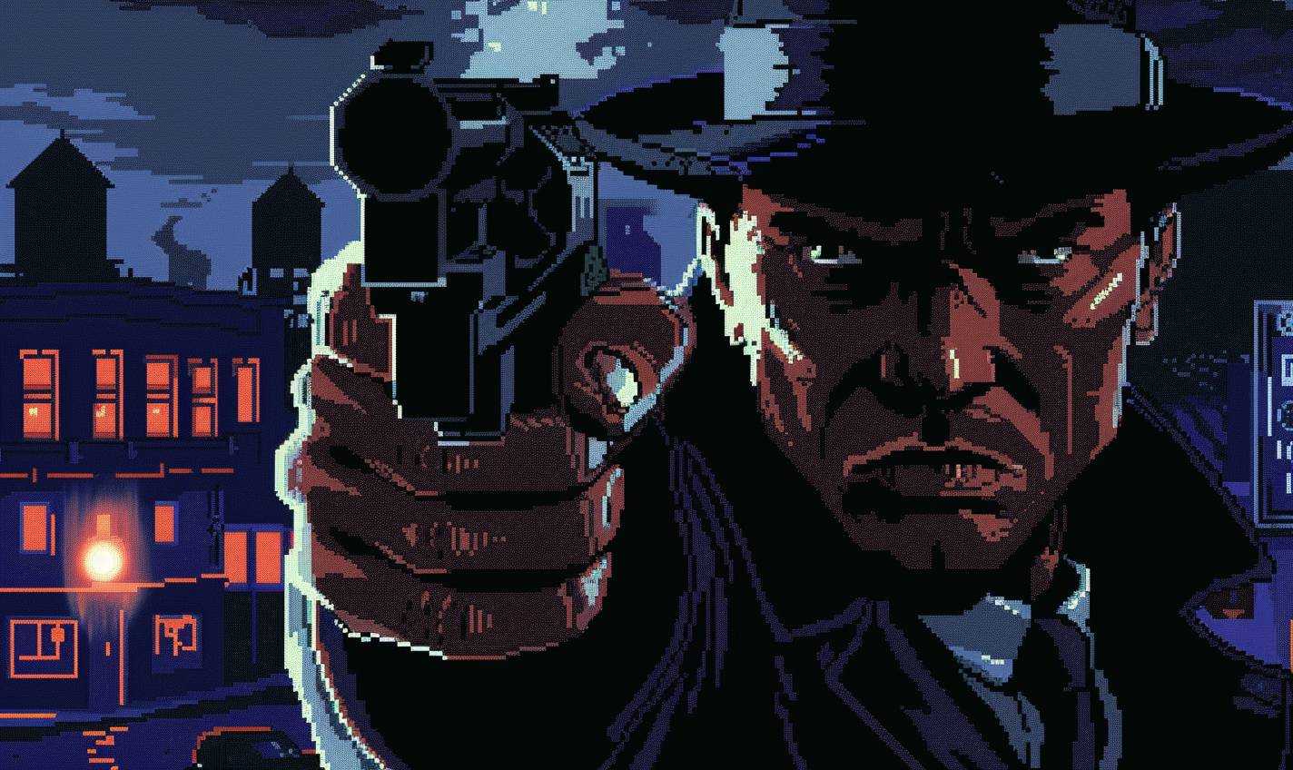 8-bit pixel art close-up of a ruthless gangster with a fedora holding a tommy gun looking at the camera in front of a speakeasy, with a 1920s city background, using flat colors, simple shapes, video game design style with a dark palette, high contrast, pixelation, and low resolution, gritty textures, dynamic action pose, pixel art face and close-up view