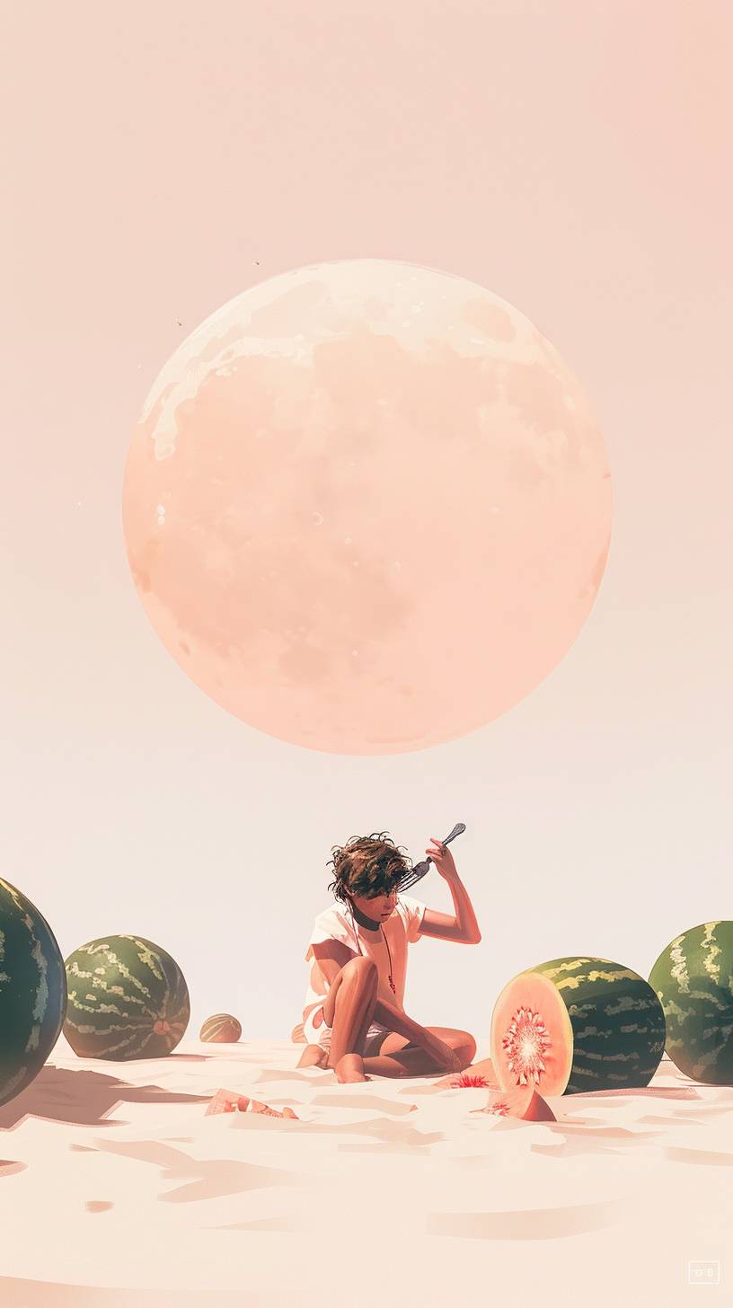 In the deep blue sky hangs a golden round moon, below is the sandy beach, all planted with endless green watermelons. Among them is a boy of eleven or twelve years old, wearing a silver ring around his neck, holding a steel fork, stabbing a tiger.