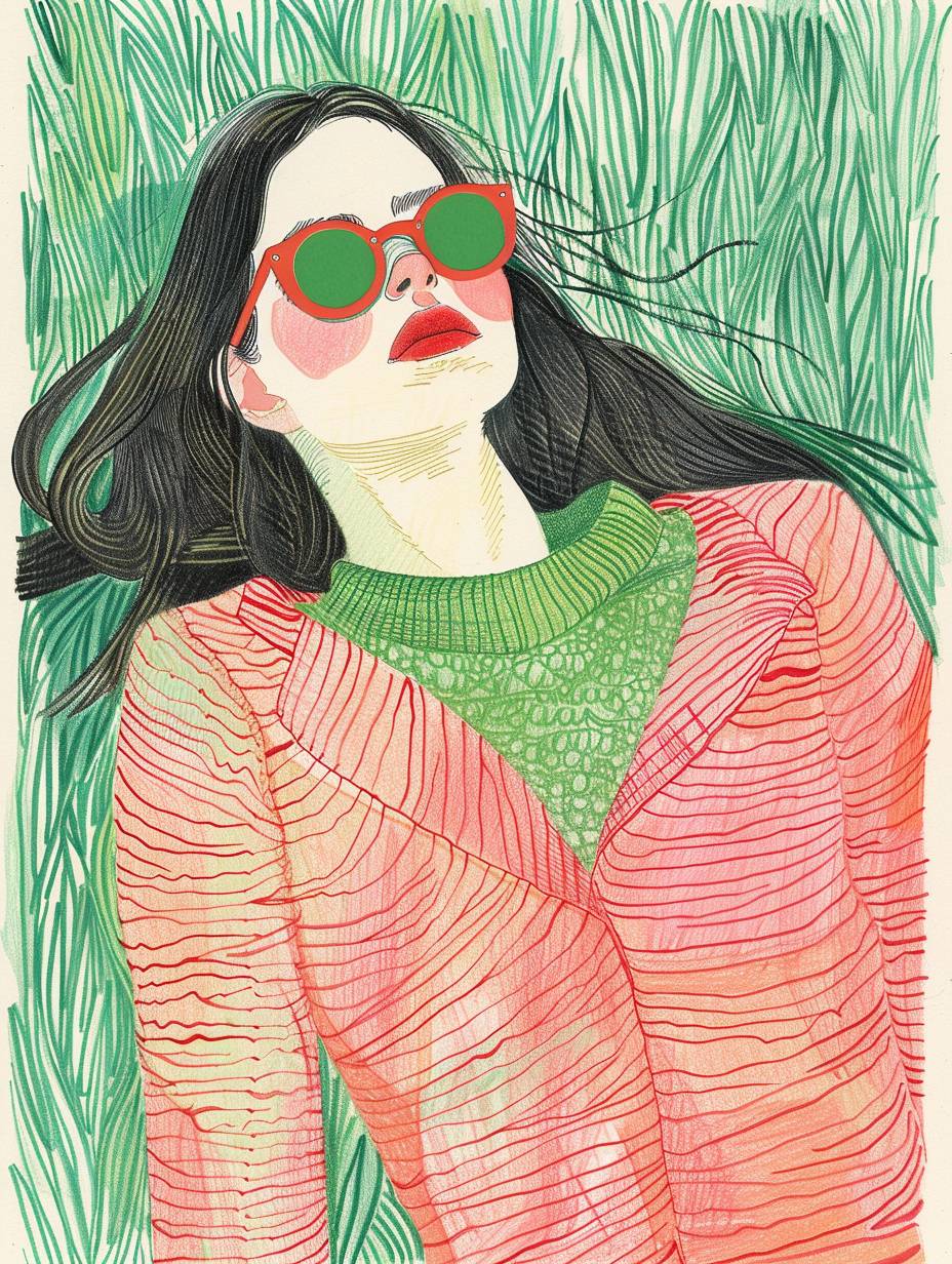 Maira Kalman combines color pencil, watercolor, and collage effects with lovely brushstrokes. The drawing depicts a pretty woman in a pink pantsuit with long sleeves lying on the ground wearing sunglasses. The montage is in the style of Surrealism with simple strokes, minimalist line sketching, and bold cartoon lines. It shows a green sweater jacket with simple details of the pattern.