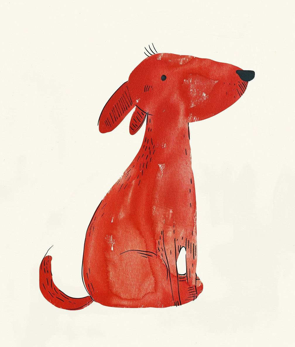 可愛い赤い犬、シンプルな線、水彩の質感、子供向けの絵本のイラストスタイル、フラットデザイン、高解像度、白い背景、明るい色、明るくて清潔な絵。Jon Klassenのスタイルで。