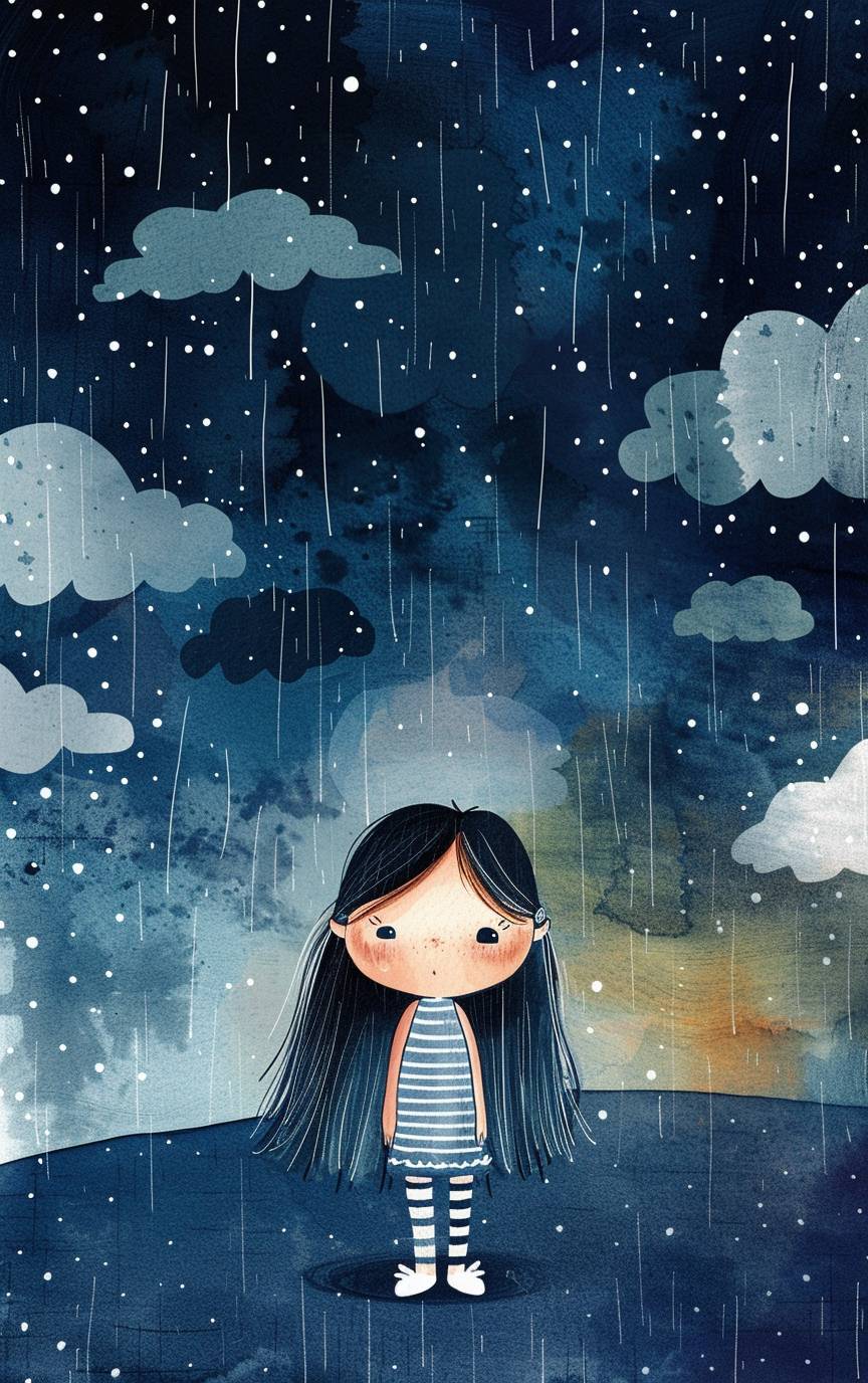 A cute little girl standing in the rain, with dark blue and grey clouds overhead, in the style of Jon Klassen, simple cartoon style, vector illustration, full body portrait, wearing striped tights, long hair, white shoes, flat design, colorful, detailed background of a starry sky night scene, children's book cover, high resolution, high quality, high detail, bright colors, cheerful tones, drawing style, soft lighting, clear details, friendly atmosphere.