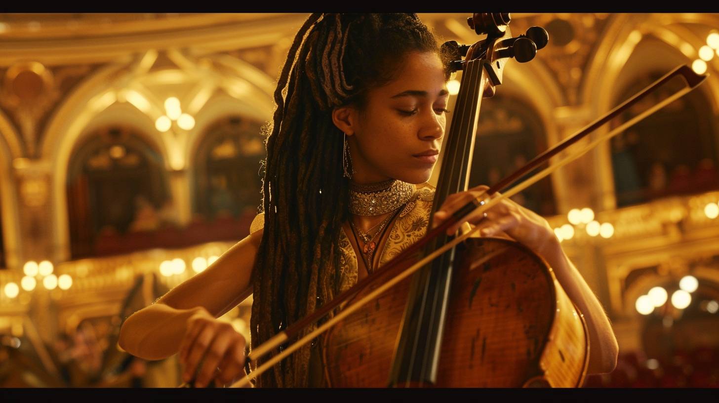 A young woman with dreadlocks is playing the cello. She has her eyes closed in concentration, and the strings are vibrating. It is evening in a classical concert hall, with the audience in soft focus, grand arches, and an ornate ceiling. The medium shot shows her upper body, with spotlights casting a warm glow on her face and the polished wood of the cello, creating hyperrealistic details.