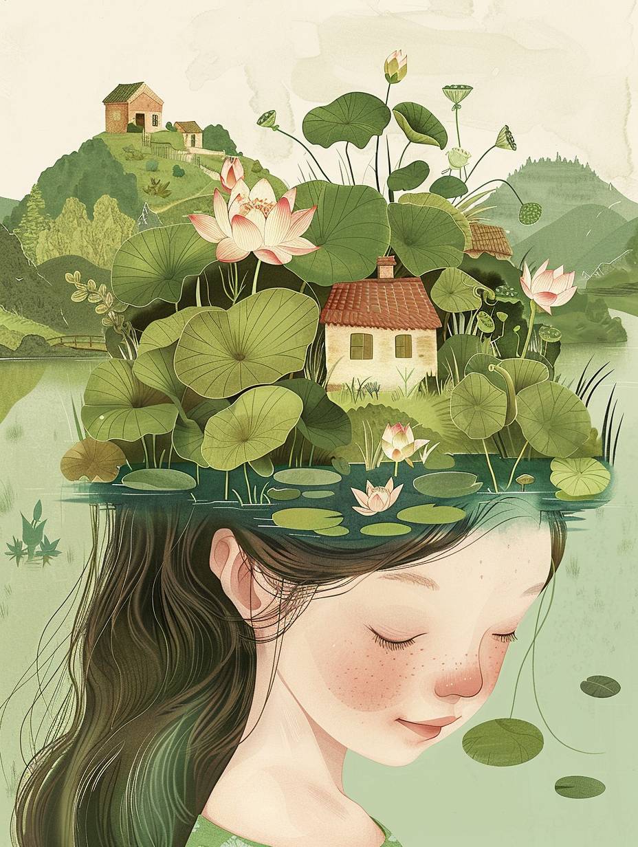 The little girl's head is adorned with a fantastic illustration of a green house, lotus flowers, pond, green plants and hills, evoking the charm of a charming rural landscape. The background blends with her hair to exude a sense of tranquility, creating a harmonious composition that captures the beauty of nature. The illustration symbolizes harmony between humans and the environment, with the focus on the face.