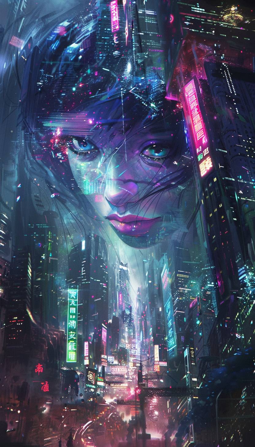 In the style of Anna Dittmann, Cybernetic metropolis bustling with neon lights --ar 4:7  --v 6.0