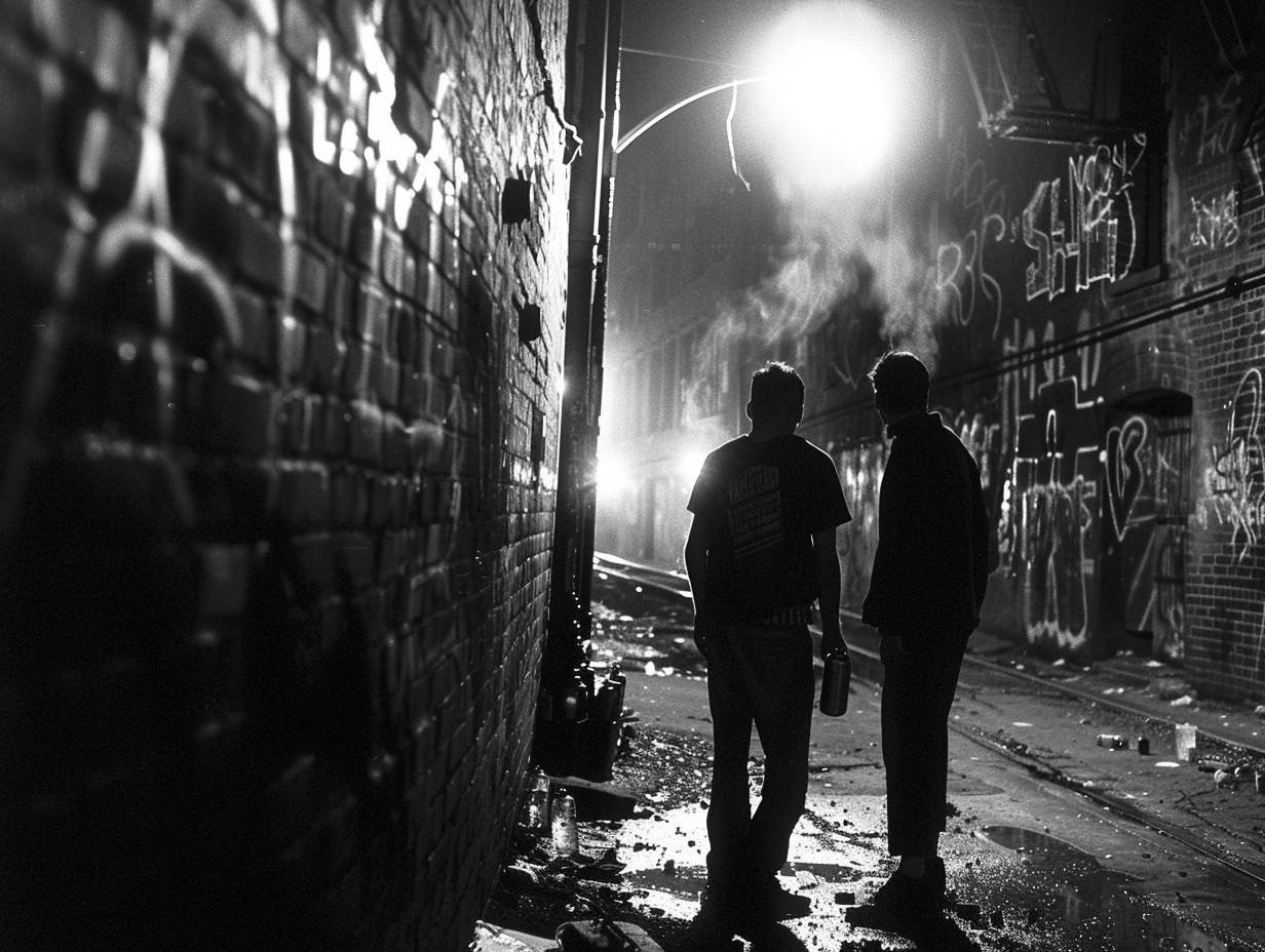 Two graffiti artists at work. Concentration and creativity. Spray cans. New York alley. Night in 1995. Brick walls, city lights, a passing subway train. Medium shot, full body. Shot on a Nikon F5, Ilford Delta 3200 film. Street lamp casting long shadows, paint particles in the air.