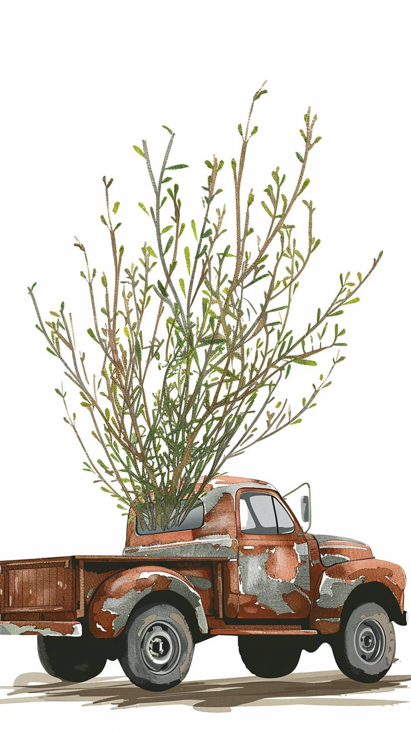 A pickup truck with a load of willow tree seedlings, vector image, white background